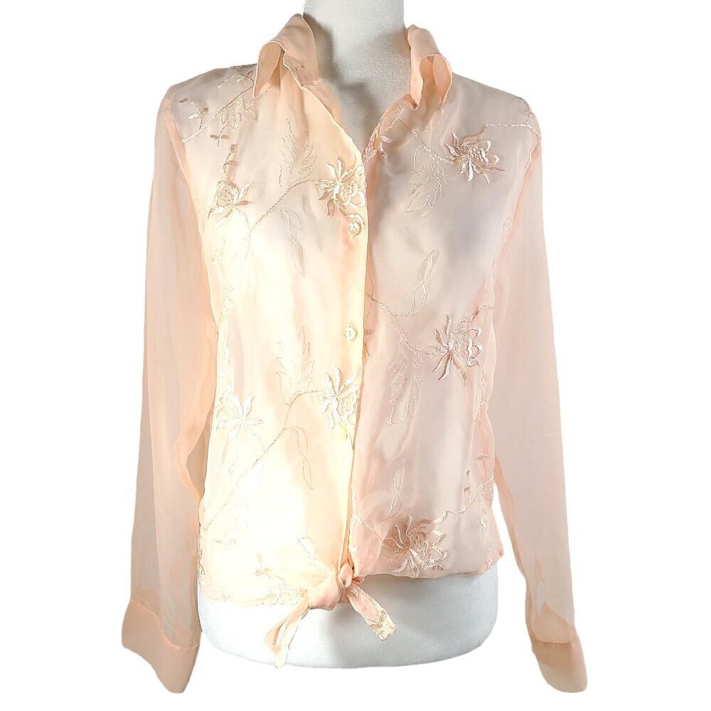 Vintage Sonya Ratay 80s Button Up Peach Floral Embroidered Long Sleeve Top USA
